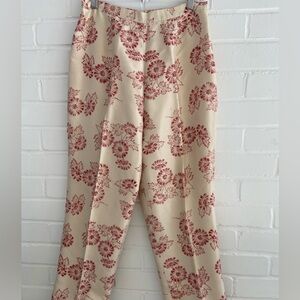 Womens Classic 100% Silk Floral Print Tan/Red Pants With Lining Size 12 Petite
